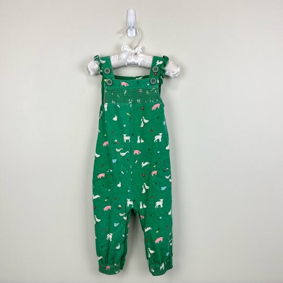 Mini Boden Baby Farm Animal Print Smocked Dungaree Green 12-18 Months - Picture 1 of 7